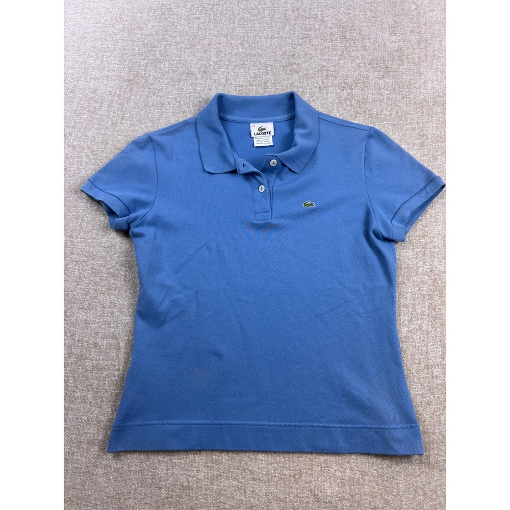 Lacoste Womens Blue Short Sleeve Pique Polo Shirt Logo Size 42 Fits Small
